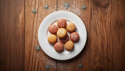 French macarons flavored with cinnamon and chai, served on a white plate, emphasizing festive bakery treats