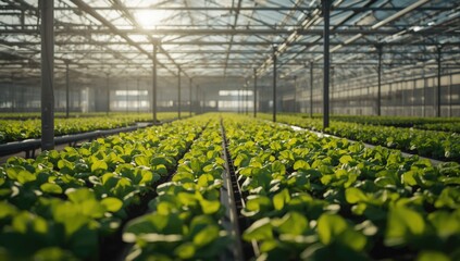 Young lettuce plants grown in a greenhouse, used for sustainable vegetable production and crop management