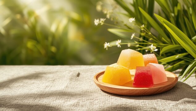 Colorful jelly Zongzi with fruits, a festive dish for Dragon Boat Festival, seasonal celebration