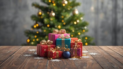 Arrangement of New Year gifts, decorative table setting for holiday-themed design