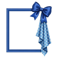 Blue frame with bow and polka dot fabric border on transparent background for invitations, greetings, or announcements