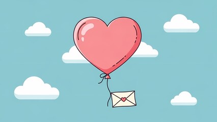 Valentine Day Background,Charming pink heart-shaped balloon carrying a delicate love letter envelope through a serene blue sky adorned with fluffy white cartoon clouds.