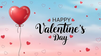 Happy valentine's day greeting with a red heart balloon and scattered hearts on a pastel pink and blue sky background.