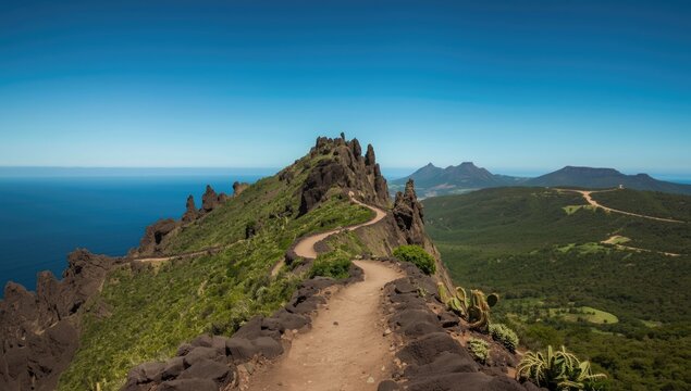 Hiking route along La Merica mountain summit with cacti and volcanic rocks, highlighting preservation challenges and natural erosion