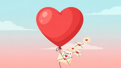 Valentine Day Background,Sweet illustration of a large red heart balloon carrying a cascade of love letters with heart seals, floating in a soft pastel sky, conveying heartfelt romantic messages.