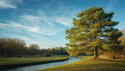 Fototapeta premium Tree-lined riverbank with flowing water emphasizing erosion risk, Earth Day