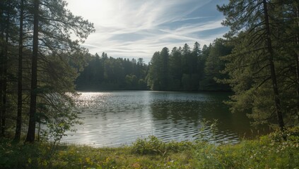 Lush forest surrounding a lake with tall coniferous and deciduous trees on a hazy summer day, ideal for editorial headers