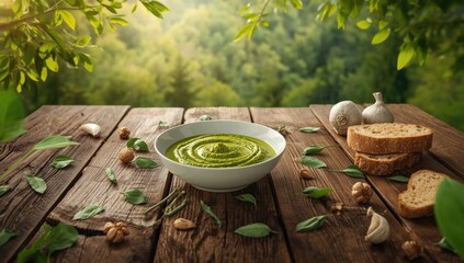 Fresh ramson leaves and spread, highlighting vegan breakfast choices on natural wood surface