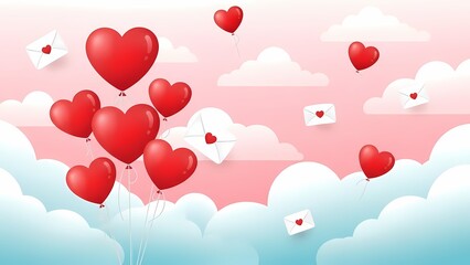 Valentine Day Background,Red heart balloons and flying love letters with hearts, against a pink and blue sky with clouds, for love.