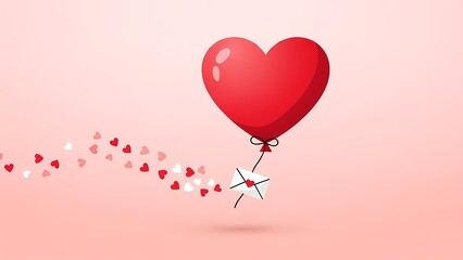 Valentine Day, Vibrant red heart-shaped balloon with an attached love letter, gracefully trailing a whimsical stream of red and white hearts across a soft pink background, symbolizing affection.