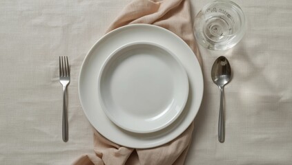 White vintage plates and cutlery arranged on beige linen, Japanese-inspired minimalist table setting for dining or event decor