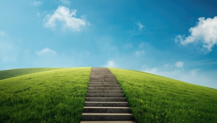 Obraz premium Steps on a hillside reaching toward the sky, highlighting progress and journey, World Environment Day