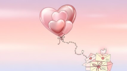 Valentine Day, Romantic illustration of pink heart balloons carrying love letters and a dove through a soft gradient sky, symbolizing heartfelt messages and affection.
