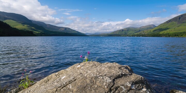Spring day in the Wicklow Mountains with lush greenery around Lough Tay, seasonal change