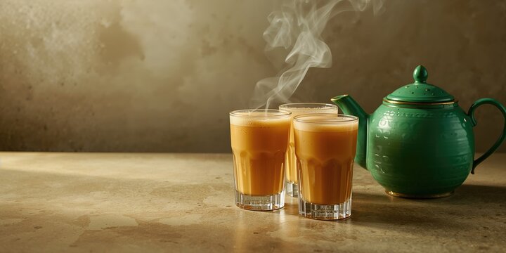 Indian tea presentation featuring karak milk chai in a glass alongside a chanak, set on textured surface