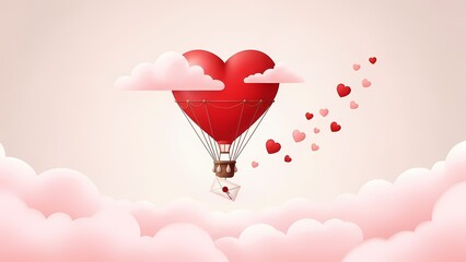 Valentine day Romantic red heart-shaped hot air balloon floats among soft pink clouds, carrying a love letter, symbolizing affection.