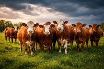 Cheerful brown Bessie cattle gathered on vibrant grass under a moody sky
