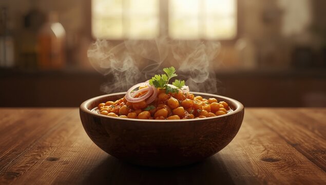 Chickpeas curry in a rustic wooden bowl, typical of north Indian cuisine, highlighting vegetarian meal options