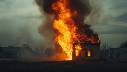 Suburban house engulfed in flames and smoke, highlighting fire hazard awareness