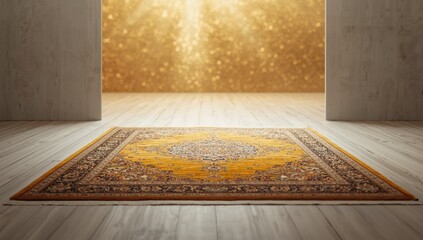 Vintage yellow city carpet from Tabriz, cultural heritage display