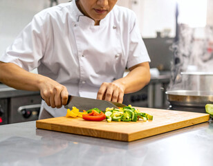 Professional female chef expertly chops vibrant fresh vegetables on a wooden cutting board in a modern kitchen, showcasing culinary skills, healthy food preparation, and gourmet meal service.