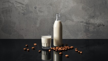 Almond milk in glasses and a bottle with nuts on a dark surface, highlighting non-dairy milk options for plant-based nutrition