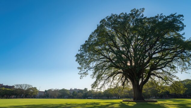 Large tree with expansive canopy in park setting during summer, highlighting natural landscape features