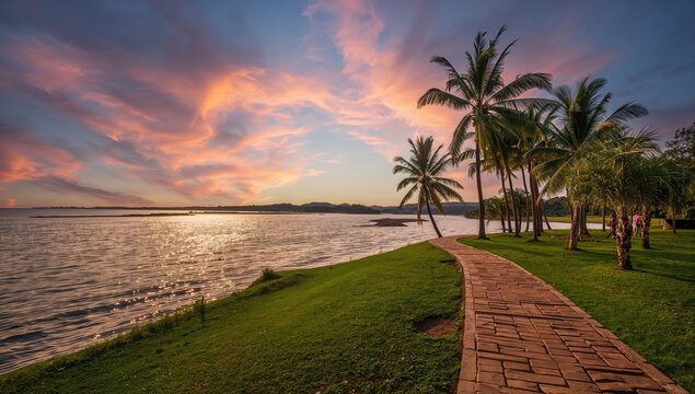 Lakeshore walkway during evening twilight in a park setting, suitable for recreational use