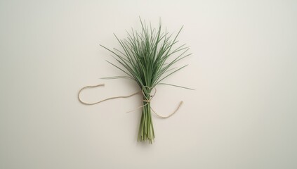 Fresh grass bundle secured with a thread featuring a heart, symbolizing holidays and natural harmony, top view