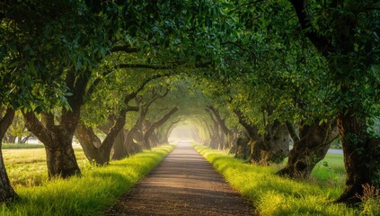 Obraz premium Morning sunlight filtering through a tree canopy tunnel, emphasizing seasonal change