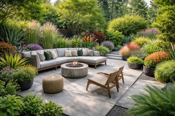 Obraz premium Contemporary concrete patio area surrounded by vibrant garden plants