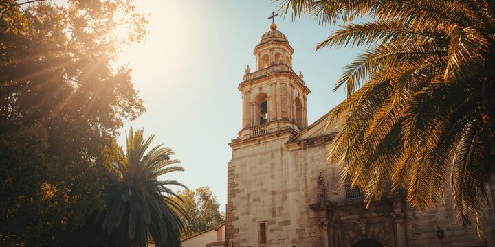 Historic mission church ruins with steeple structure in California, emphasizing architectural conservation