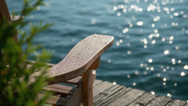 Detail of a composite deck chair arm on a wooden dock with raindrops and water droplets, highlighting wet surface, northern Ontario environment