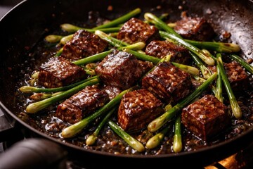 Beef cubes pan fried with delicate Chinese chive flower stalks