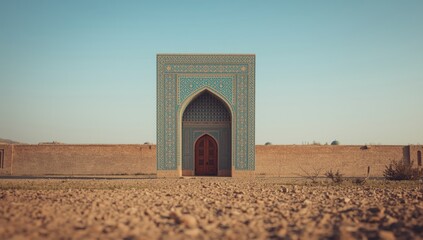 Uzbek mosque featuring detailed mosaic ornamentation and traditional entrance design, highlighting cultural heritage