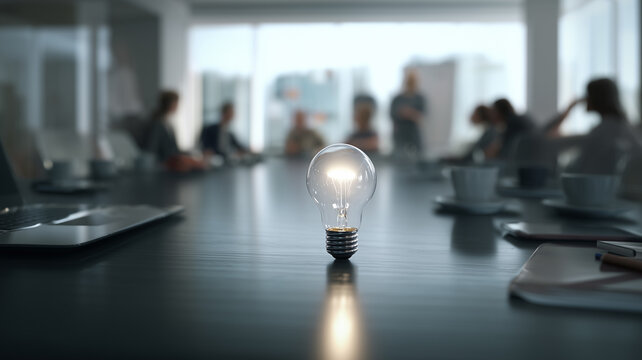 An illuminated light bulb stands on a sleek boardroom table, symbolizing a breakthrough idea. In the background, a professional business team is seen in a blurred, sunlit office meeting.
