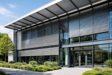 Facade design with adjustable venetian blinds and canopy to regulate natural lighting inside