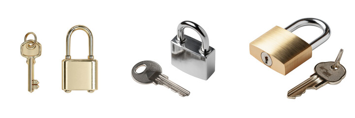 Collection of golden and silver padlocks with matching keys isolated on a transparent background security