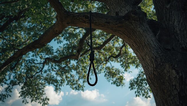 Black rope suspends from tree branches in a nature scene, background and sky highlight the setting