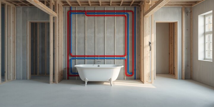 Residential PEX pipe installation in a new bathtub setup, emphasizing plumbing safety and system organization, World Plumbing Day