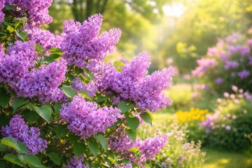 Fototapeta premium Purple lilacs blooming beautifully in a lively spring garden