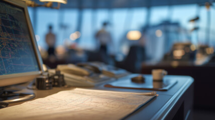 Detailed view of a flight navigation map and communication equipment on a desk in an air traffic control center. 