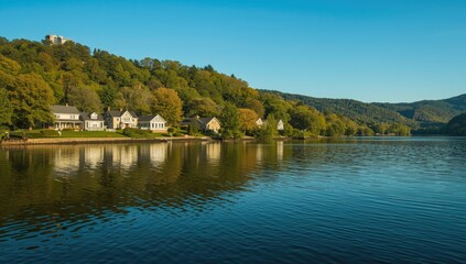 Fototapeta premium Uptown New York homes situated beside the Hudson River, lakeside neighborhood scene