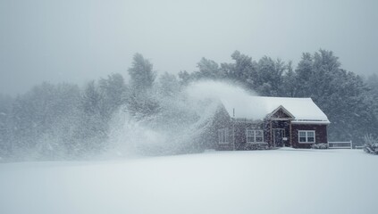 Blizzard conditions with strong wind dispersing snow from rooftops, highlighting winter storm impact