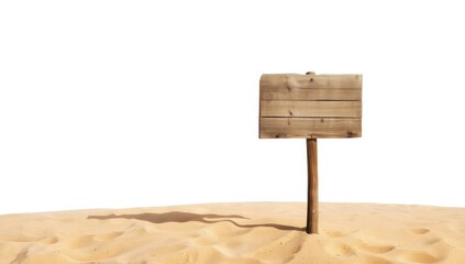 Sand-placed wooden sign serving as a background for design or informational purposes, isolated on white