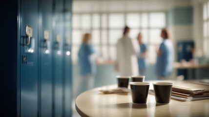 Detailed view of glass test tubes in a rack on a dark, reflective laboratory bench. In the blurred background, a team of scientists in white coats works in a brightly lit