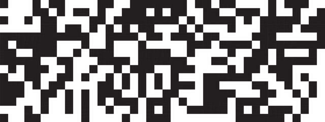 Random black and white pixels background. Square shapes in chaotic arrangement. Abstract mosaic pattern. Destruction, dissolution, disintegration or defragmentation process. Vector illustration