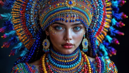 A woman displays captivating beauty with bold blue eyes and intricate jewelry. She wears an elaborate headdress made of colorful beads. The rich colors highlight her striking features.