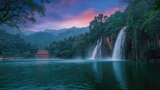 East Asian rural streets surrounded by lush rainforests and waterfalls, emphasizing natural scenery