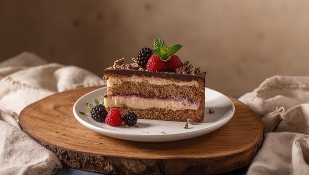 Milk-soaked trilece cake resting on a wooden kitchen surface, suitable as a background for food layout
